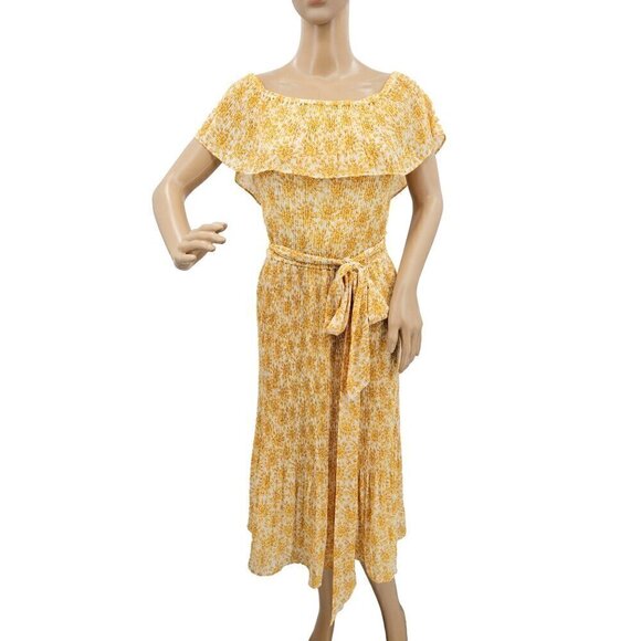 Michael Michael Kors Yellow Floral Midi Dress Sz XL Tie Waist Off Shoulder NEW - Picture 4 of 14